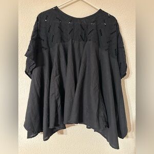 Cost Plus World Market Blouse Black 100% Cotton Eyelet Cap Sleeve Flowing One Sz
